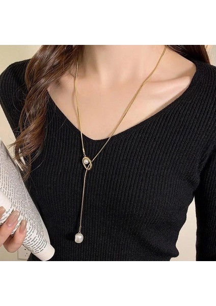 Sonbahar ve Kış Hafif Lüks Stil Jumper Zinciri Üst Düzey Kadın Vahşi Uzun Püskül Kolye Inci Kolye Aksesuarları Duygusu (Yurt Dışından)