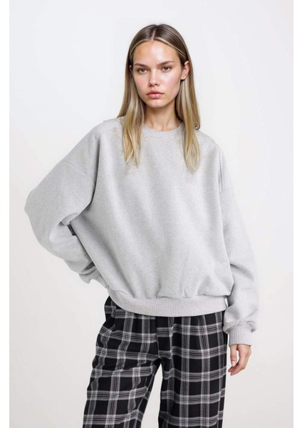 Coool Oversize Geniş Kalıp Bisiklet Yaka Basic Düz Kalın Siyah Sweatshirt