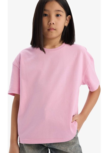 Kız Çocuk Relax Fit Bisiklet Yaka Basic Düz Kısa Kollu Tişört