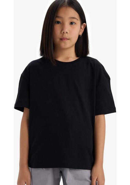 Kız Çocuk Relax Fit Bisiklet Yaka Basic Düz Kısa Kollu Tişört