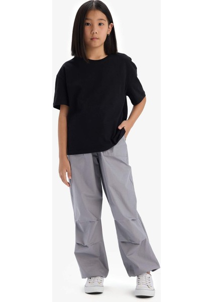 Kız Çocuk Relax Fit Bisiklet Yaka Basic Düz Kısa Kollu Tişört