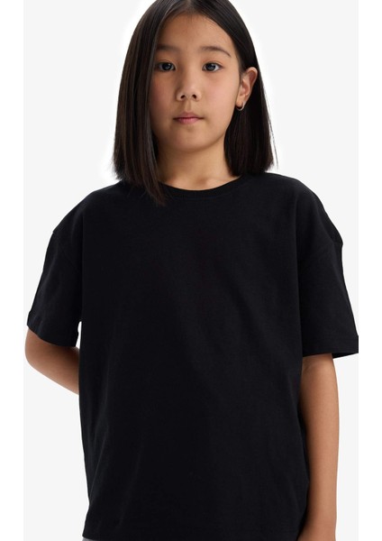 Kız Çocuk Relax Fit Bisiklet Yaka Basic Düz Kısa Kollu Tişört