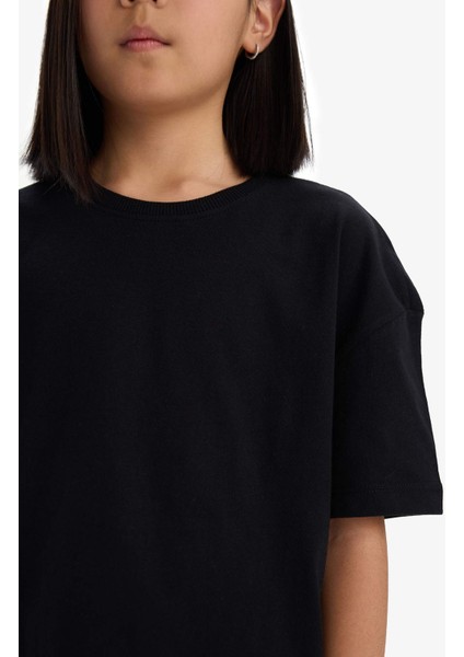 Kız Çocuk Relax Fit Bisiklet Yaka Basic Düz Kısa Kollu Tişört