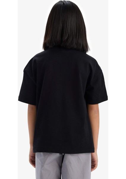 Kız Çocuk Relax Fit Bisiklet Yaka Basic Düz Kısa Kollu Tişört