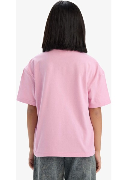 Kız Çocuk Relax Fit Bisiklet Yaka Basic Düz Kısa Kollu Tişört