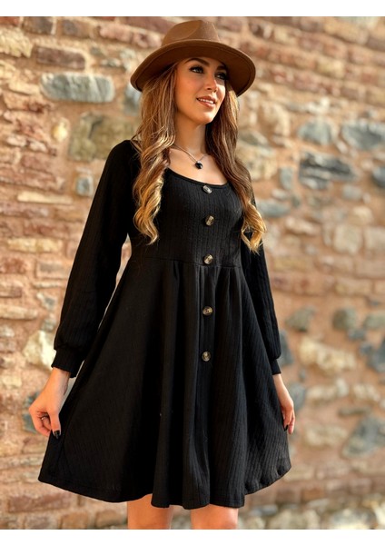 Ozgn Kadın Uzun Kollu Kare Yaka Düğmeli Kısa Şardonlu Iki Iplik Mini Elbise fırsatları