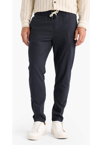 %100 Pamuk Keten Görünümlü Yazlık Jogger Pantolon Dar Paça Beli Bağcıklı Lastikli Cepli