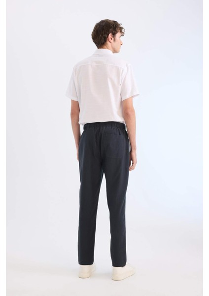 %100 Pamuk Keten Görünümlü Yazlık Jogger Pantolon Dar Paça Beli Bağcıklı Lastikli Cepli