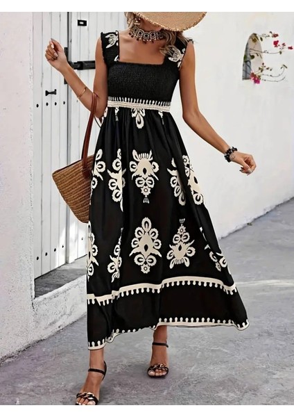 Ozgn Kadın Askılı Kare Yaka Gipe Detaylı Desenli Suprem Elbise