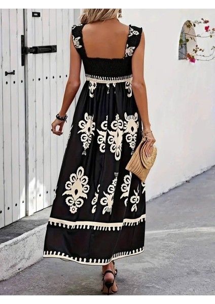 Ozgn Kadın Askılı Kare Yaka Gipe Detaylı Desenli Suprem Elbise indirimleri