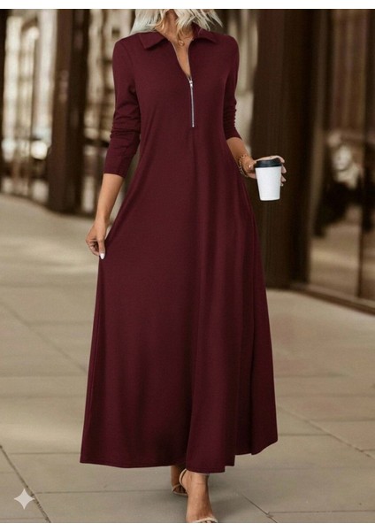 Ozgn Kadın Uzun Kollu Yakalı Önden Fermuarlı Uzun Viskon Iki Iplik Elbise fırsatları
