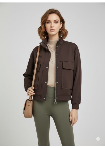 Kahverengi Dik Yaka Fermuarlı Çıtçıtlı Kapaklı Cepli Kısa Kadın Modal Bomber Ceket