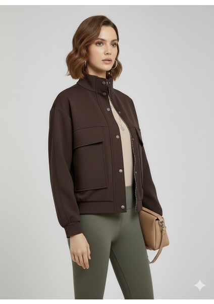 Kahverengi Dik Yaka Fermuarlı Çıtçıtlı Kapaklı Cepli Kısa Kadın Modal Bomber Ceket fiyatları