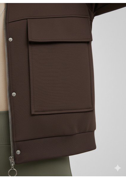 Kahverengi Dik Yaka Fermuarlı Çıtçıtlı Kapaklı Cepli Kısa Kadın Modal Bomber Ceket modelleri