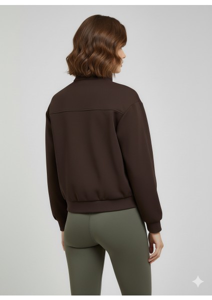 Kahverengi Dik Yaka Fermuarlı Çıtçıtlı Kapaklı Cepli Kısa Kadın Modal Bomber Ceket fırsatları