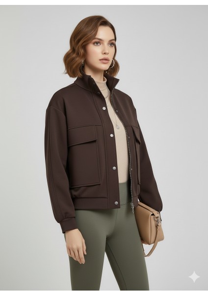 Kahverengi Dik Yaka Fermuarlı Çıtçıtlı Kapaklı Cepli Kısa Kadın Modal Bomber Ceket indirimleri