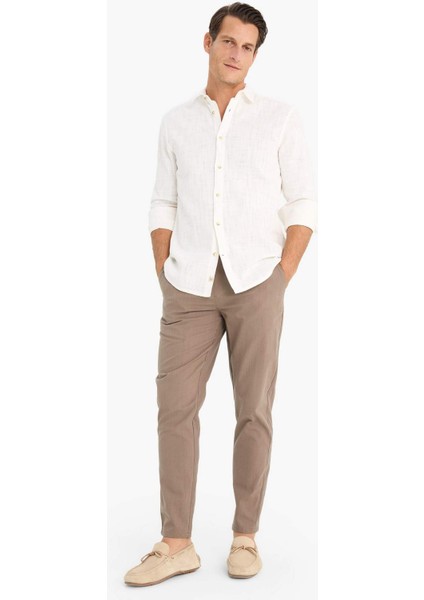 %100 Pamuk Keten Görünümlü Yazlık Jogger Pantolon Dar Paça Beli Bağcıklı Lastikli Cepli