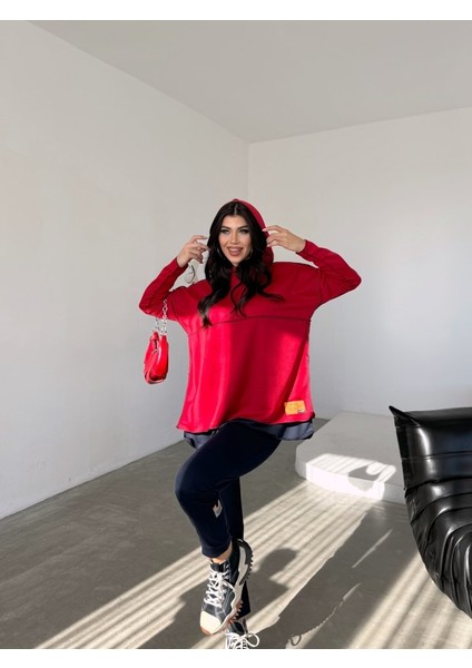 Ozgn Kadın Kırmızı Kapşonlu Etek Ucu Detay Arma Ters Dikiş Gorunumlu Ikili Takım