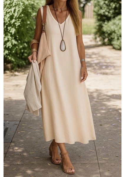 Ozgn Kadın Kolsuz V Yakalı Maksi Boy Ithal Keten Elbise modelleri