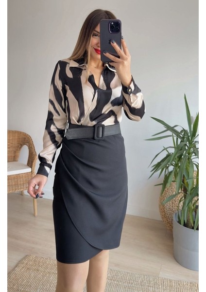 Ozgn Kadın Uzun Kollu Yakalı Üst Dalgıç Eteği Krep Kemerli Elbise