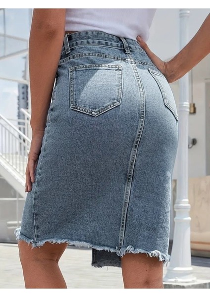 Ozgn Kadın Elastik Bel Yırtık Kenar Detaylı Kot Etek fiyatları