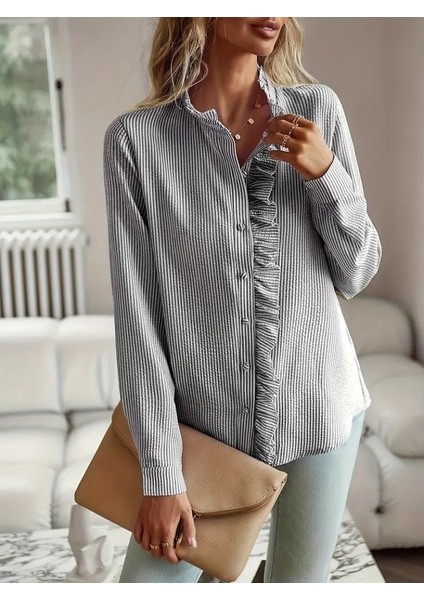 Ozgn Kadın Uzun Kollu Fırfır Yakalı Önden Düğmeli Çizgili Burgu Gömlek modelleri