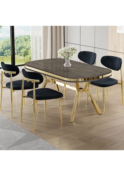 Olya Serisi 90X168 Lak Panel Antrasit Ironi Masa Takımı Gold Ayaklı 4 Antrasit Sandalye