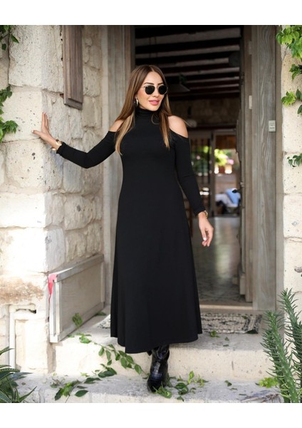 Ozgn Kadın Balıkçı Yaka Omuzlardan Açık Uzun Kollu Janjan Krep Elbise modelleri