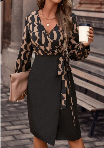 Ozgn Kadın Uzun Kollu Kruvaze Yaka Dijital Baskılı Fiyonk Detay Atlas Kumaş Elbise