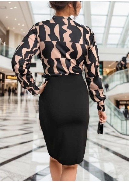 Ozgn Kadın Uzun Kollu Kruvaze Yaka Dijital Baskılı Fiyonk Detay Atlas Kumaş Elbise indirimleri