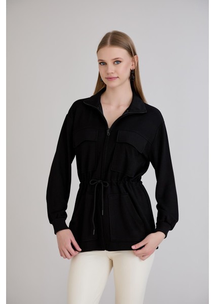 Fermuarlı Dik Yaka Cep Detay Belden Ayarlamalı Sweatshirt Siyah