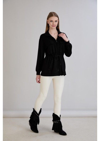 Fermuarlı Dik Yaka Cep Detay Belden Ayarlamalı Sweatshirt Siyah fiyatları