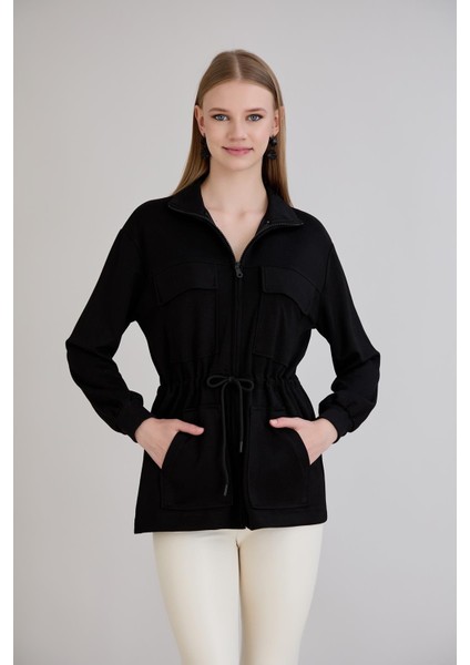 Fermuarlı Dik Yaka Cep Detay Belden Ayarlamalı Sweatshirt Siyah modelleri
