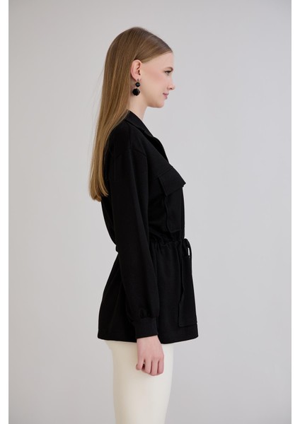 Fermuarlı Dik Yaka Cep Detay Belden Ayarlamalı Sweatshirt Siyah