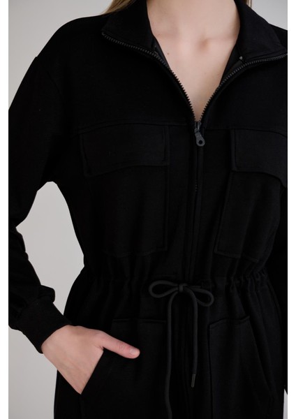 Fermuarlı Dik Yaka Cep Detay Belden Ayarlamalı Sweatshirt Siyah