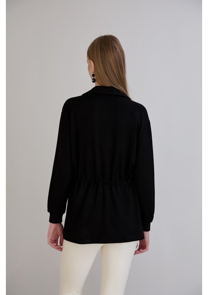 Fermuarlı Dik Yaka Cep Detay Belden Ayarlamalı Sweatshirt Siyah
