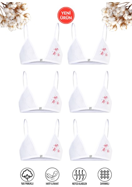 Özkan 0872 6'lı Paket Kız Çocuk Pamuklu Pedsiz Kapsız Kalp Desenli Alıştırma Sütyeni Büstiyer Likralı Rahat Süprem Ince Askılı Yarım Atlet