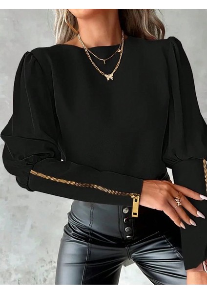 Ozgn Kadın Uzun Kollu Bisiklet Yaka Fermuar Detaylı Ithal Krep Bluz