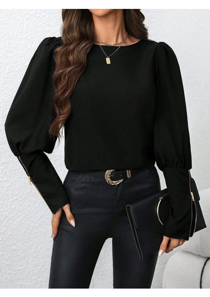 Ozgn Kadın Uzun Kollu Bisiklet Yaka Fermuar Detaylı Ithal Krep Bluz modelleri