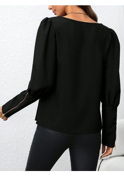 Ozgn Kadın Uzun Kollu Bisiklet Yaka Fermuar Detaylı Ithal Krep Bluz fırsatları