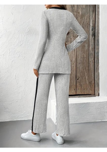Ozgn Kadın Uzun Kollu V Yakalı Çapraz Detaylı Şardonlu Kaşkorse Bluz ve Pantolon Ikili Takım fiyatları
