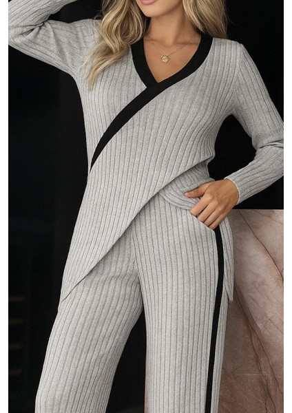 Ozgn Kadın Uzun Kollu V Yakalı Çapraz Detaylı Şardonlu Kaşkorse Bluz ve Pantolon Ikili Takım