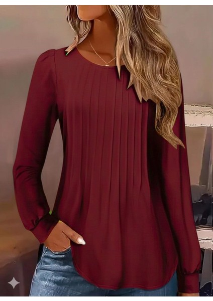 Ozgn Kadın Uzun Kollu Yuvarlak Yaka Nervürlü Bluz fırsatları