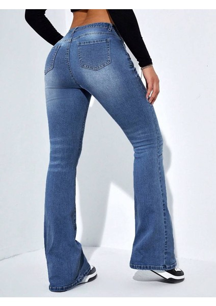 Ozgn Kadın Yüksek Bel Cepli Ispanyol Paçalı Kot Jeans Pantolon