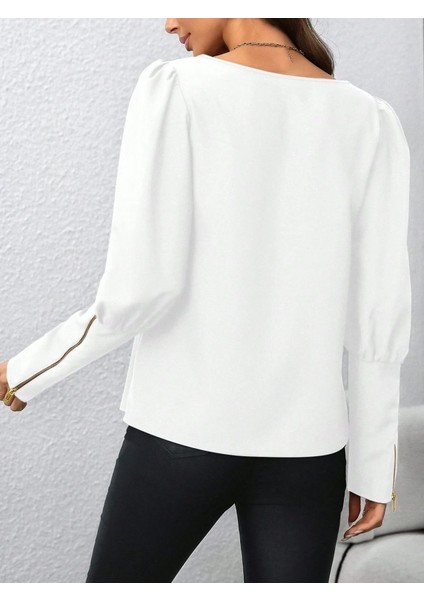 Ozgn Kadın Uzun Kollu Bisiklet Yaka Fermuar Detaylı Ithal Krep Bluz indirimleri