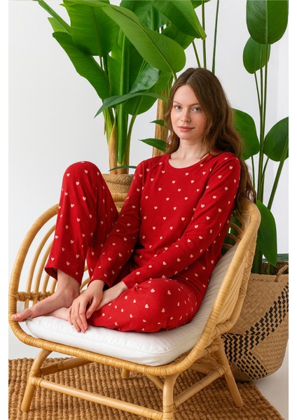 Mevsimlik Uzun Kollu Süet Kadın Pijama Takımı- Bisiklet Yaka Kadın Pijama