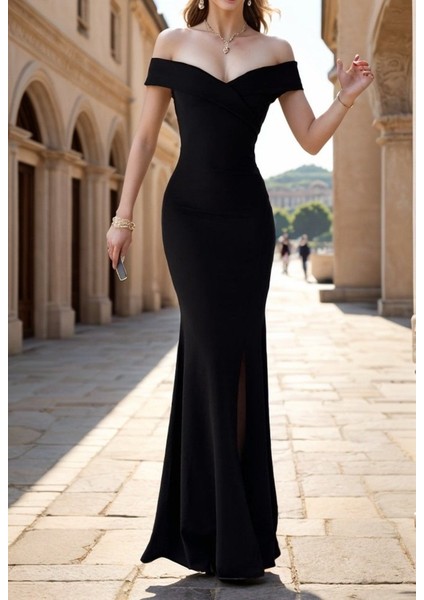 Ozgn Kadın Dalgıç Kumaş Kayık Yaka ve Dekolte Detaylı Elbise