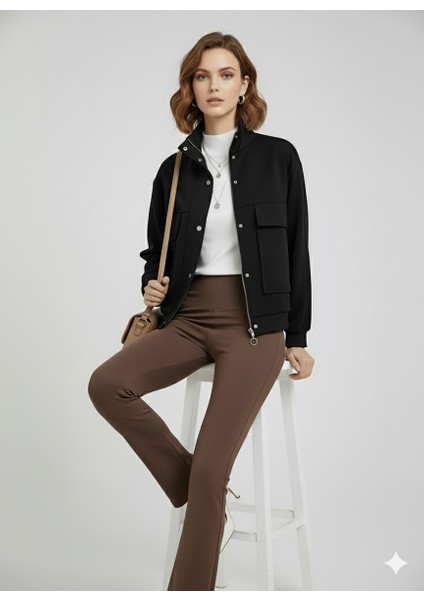 Siyah Dik Yaka Fermuarlı Çıtçıtlı Kapaklı Cepli Kısa Kadın Modal Bomber Ceket fiyatları