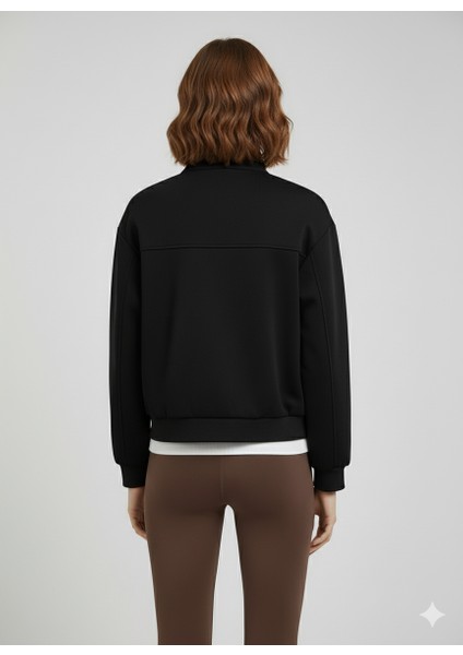 Siyah Dik Yaka Fermuarlı Çıtçıtlı Kapaklı Cepli Kısa Kadın Modal Bomber Ceket modelleri