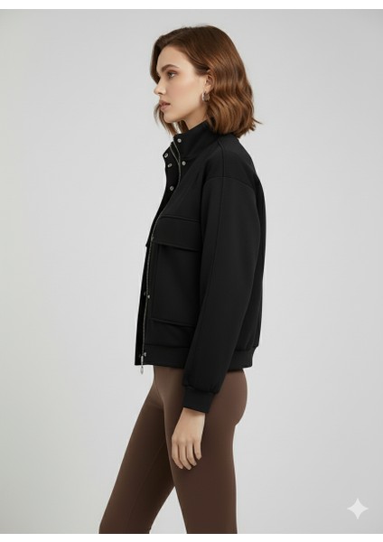 Siyah Dik Yaka Fermuarlı Çıtçıtlı Kapaklı Cepli Kısa Kadın Modal Bomber Ceket fırsatları